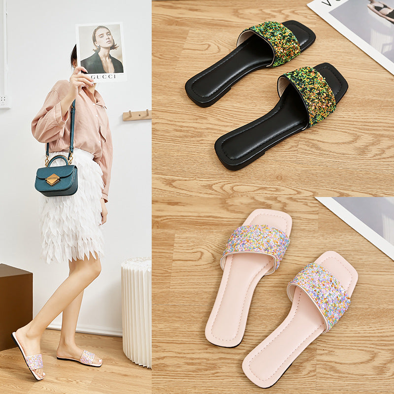 Plus Size Soft Sole Slippers Women Summer Outdoor Wear Flat Sequined Flip Flop Square Toe Flat Sandals and Slippers 10