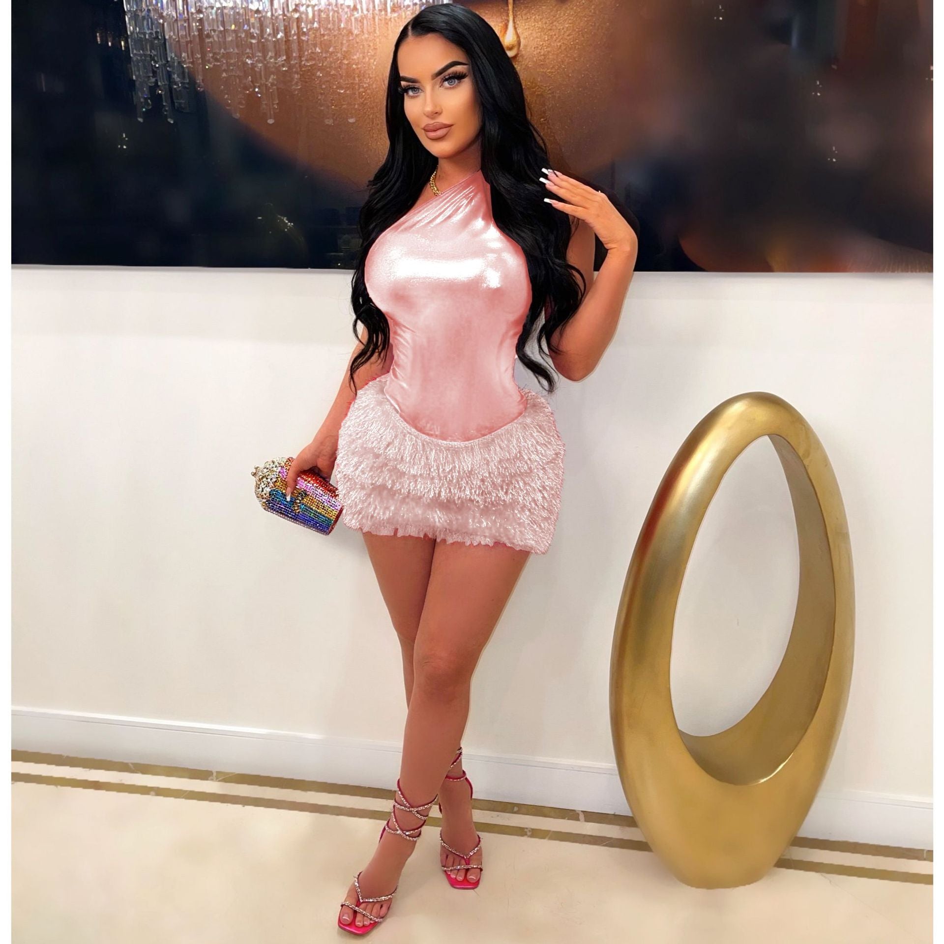 Women's Solid Color Glossy Bodysuit Sexy Short Skirt Two-Piece Set 7