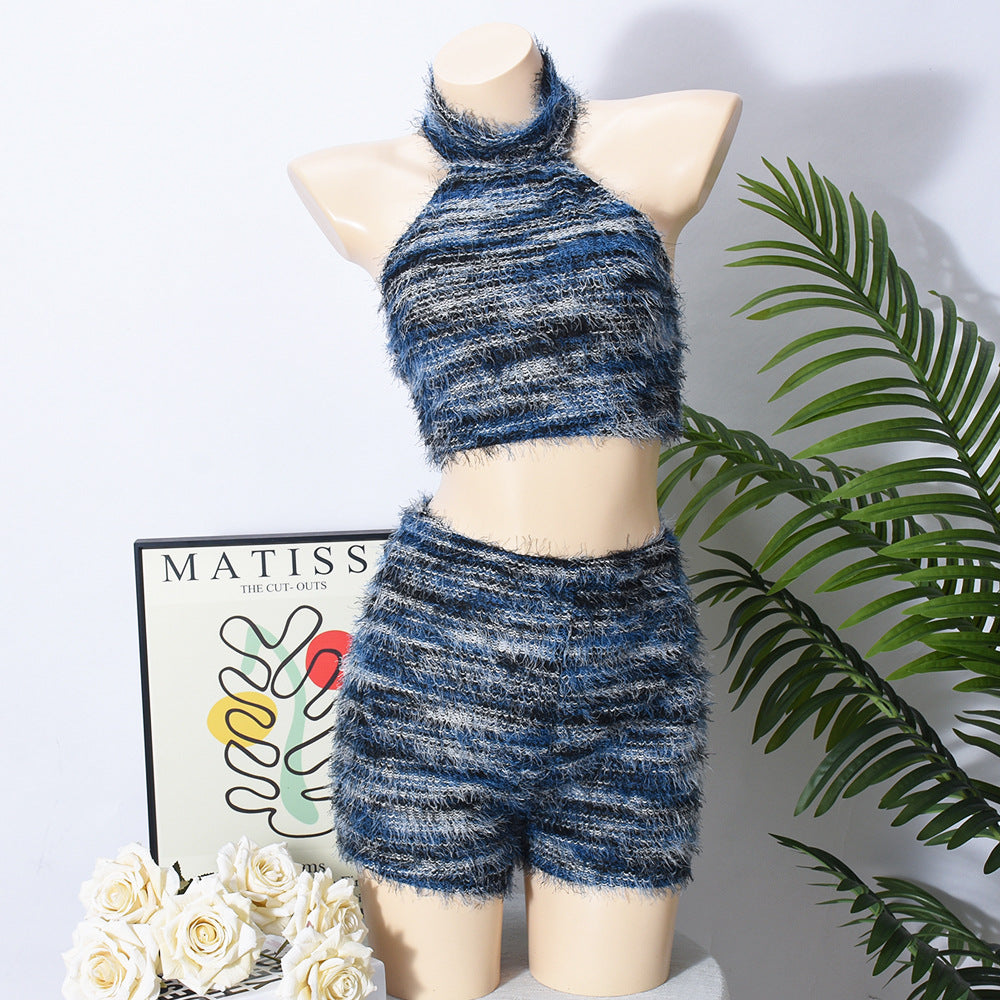 Summer Women's Slim Fit Low Back Crop Top Knitted Shorts Set 6