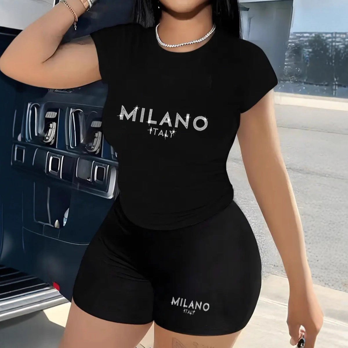 Women Short-Sleeved Letter Print Sexy Tank Shorts Two-Piece Set 5