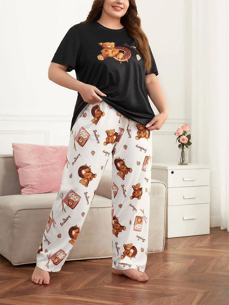 Plus Size Women Cute Bear Printed T-shirts and Pants Pajamas Two Piece 5