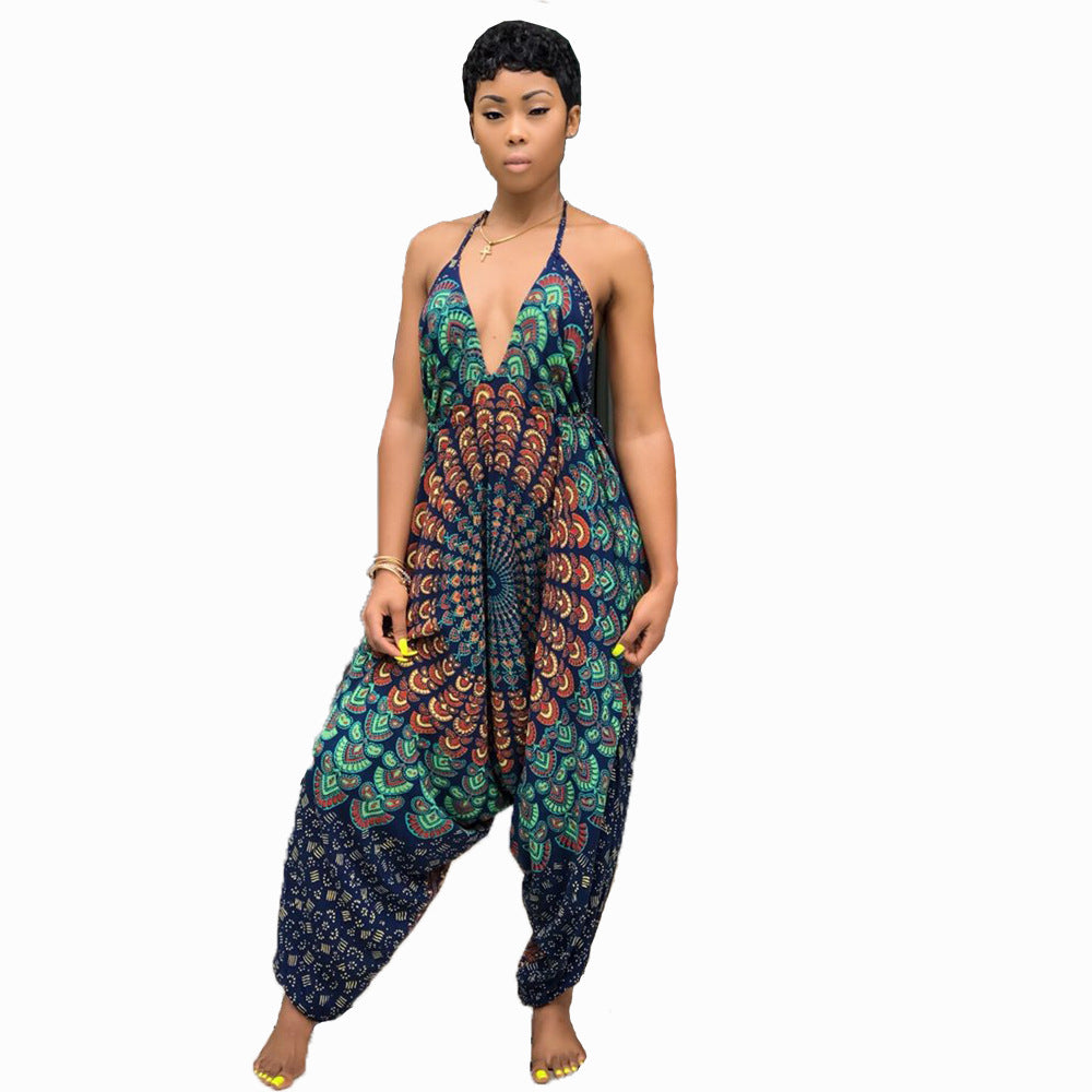 Women Clothing Style Positioning Print Sleeveless Backless Lace-Up Halter Low Profile Loose Jumpsuit 7