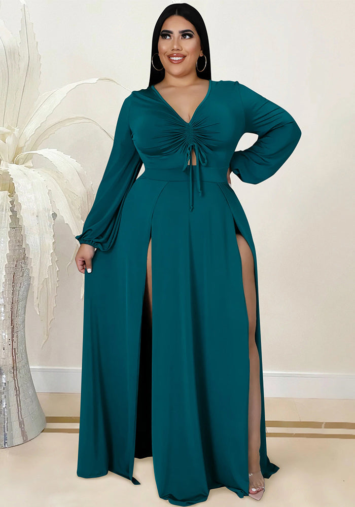 Plus-Size Women V-Neck Long-Sleeved Slit Dress