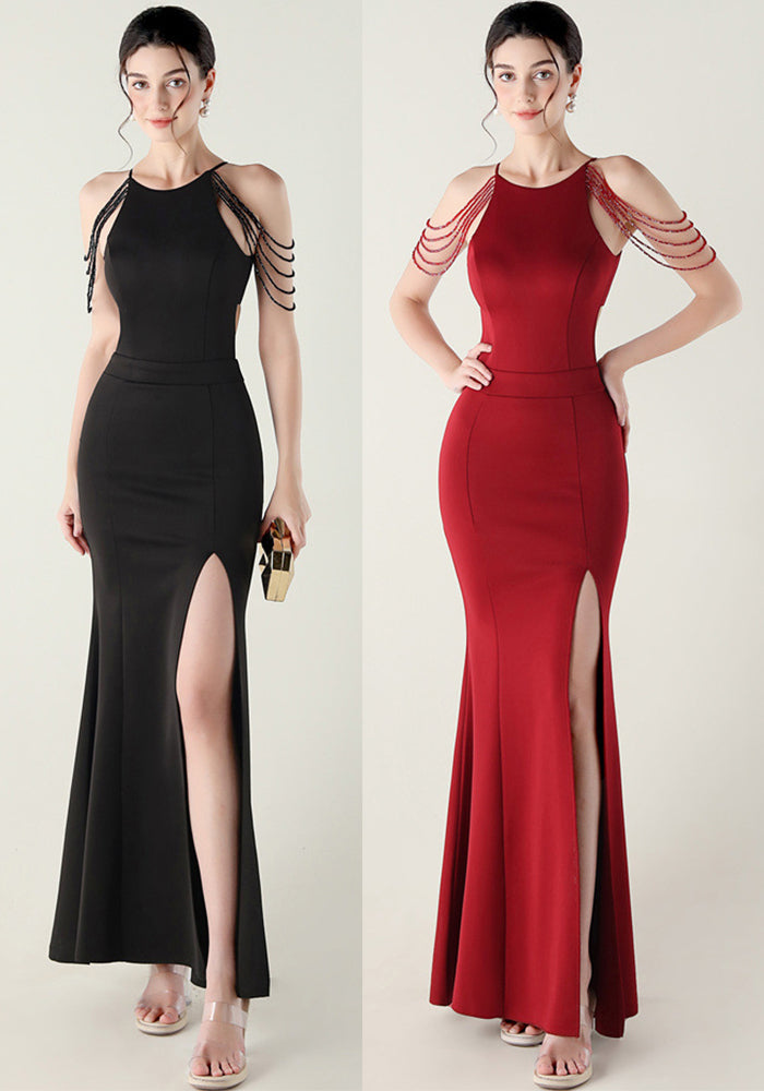 Women beaded off-shoulder one-shoulder slit evening dress