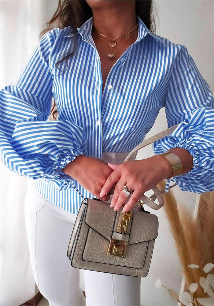 Women Light Blue Striped Lantern Sleeve Shirt
