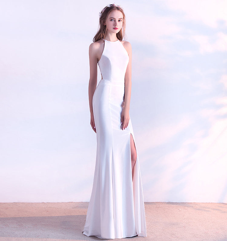 Plain Solid Halter Slit Mermaid Evening Dress 23
