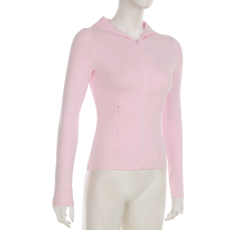 Solid Color Sports Fitness Running Tops Yoga Slim Autumn Winter Outdoor Wear Hooded Zipper T-Shirt For Women 9