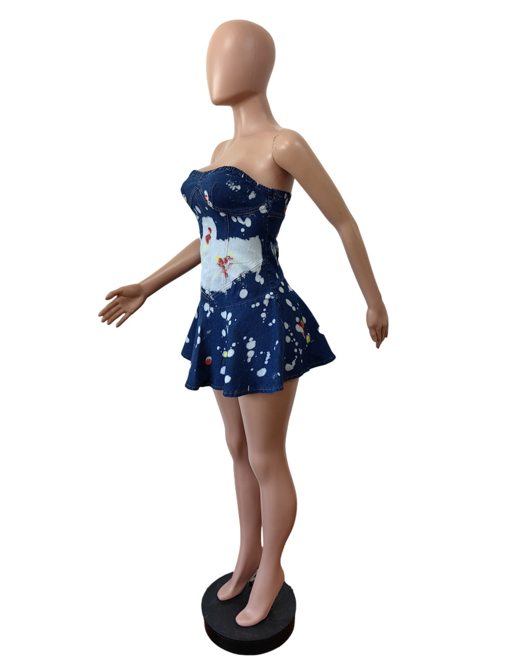 Women Denim Printed Strapless Stretch Ruffle Dress 5