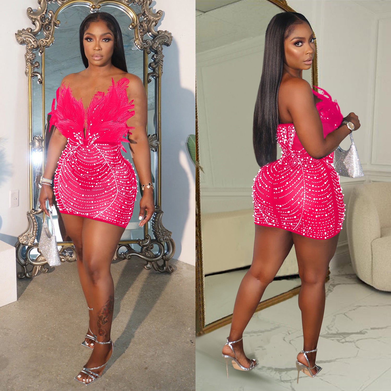 Fashion Women's Solid Color Mesh Beaded Feather Dress 5