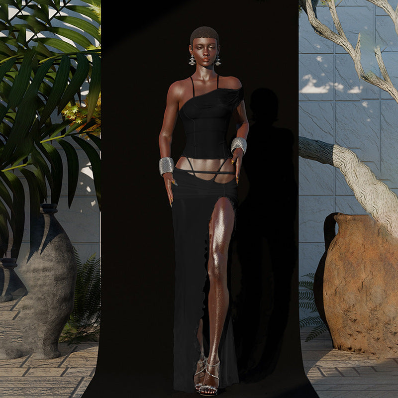 Women summer sexy one-shoulder mesh see-through top and skirt two-piece set 4