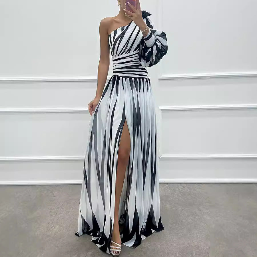 Women Casual Print Slash Shoulder Slit Dress 6