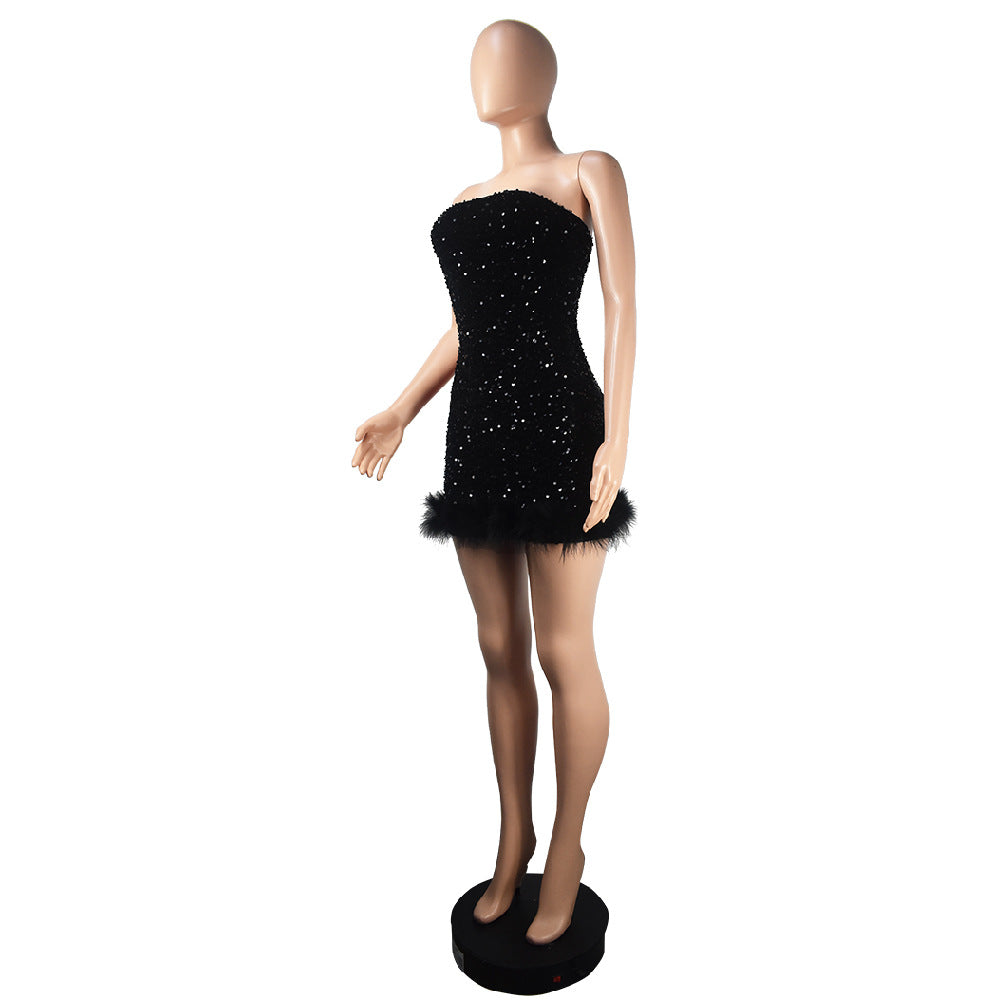 Women'S Fashion Strapless Bodycon Feather Sequin Nightclub Party Dress 16