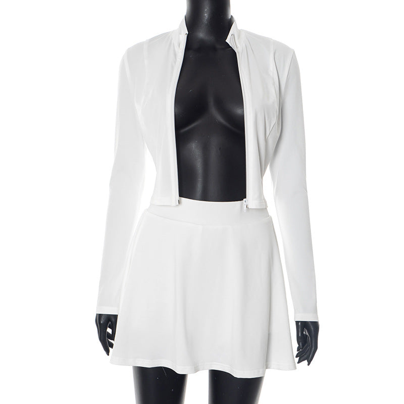 Women's Stand Collar Long Sleeve Slim-Fit Zip-Up Cropped Top & Short Skirt Two-Piece Set 19