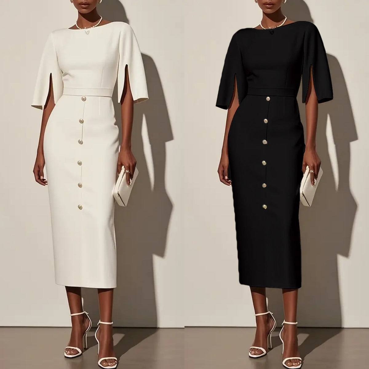 Women Summer Solid Round Neck Slit Button Dress 8