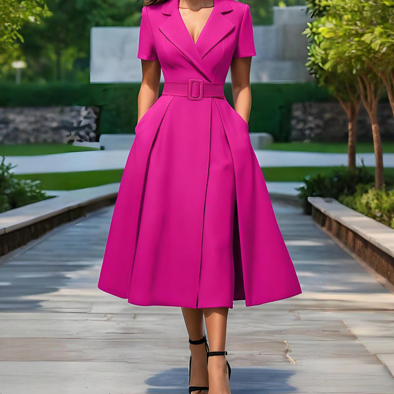 Summer Chic Short-Sleeve Turndown Collar Career Midi Dress 6