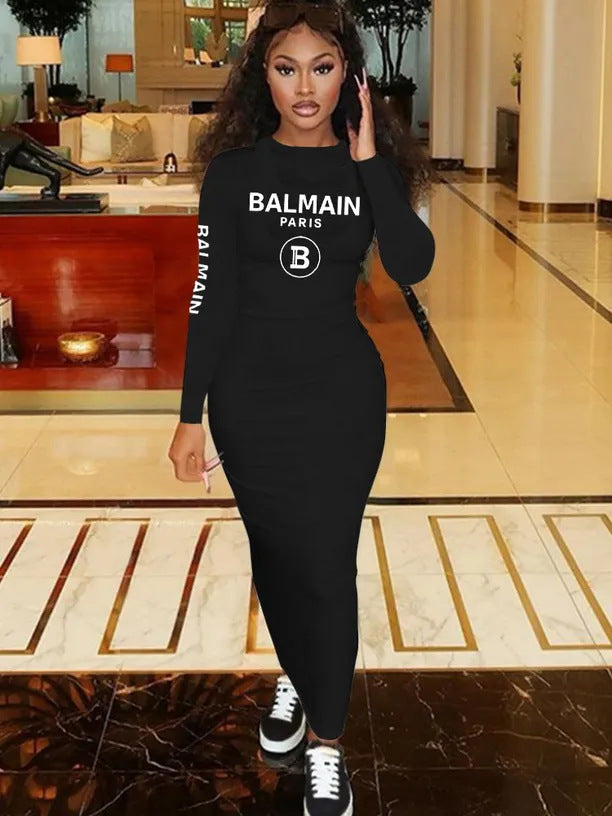 Fashion Letter Printed Long-Sleeved Slim Bodycon Dress