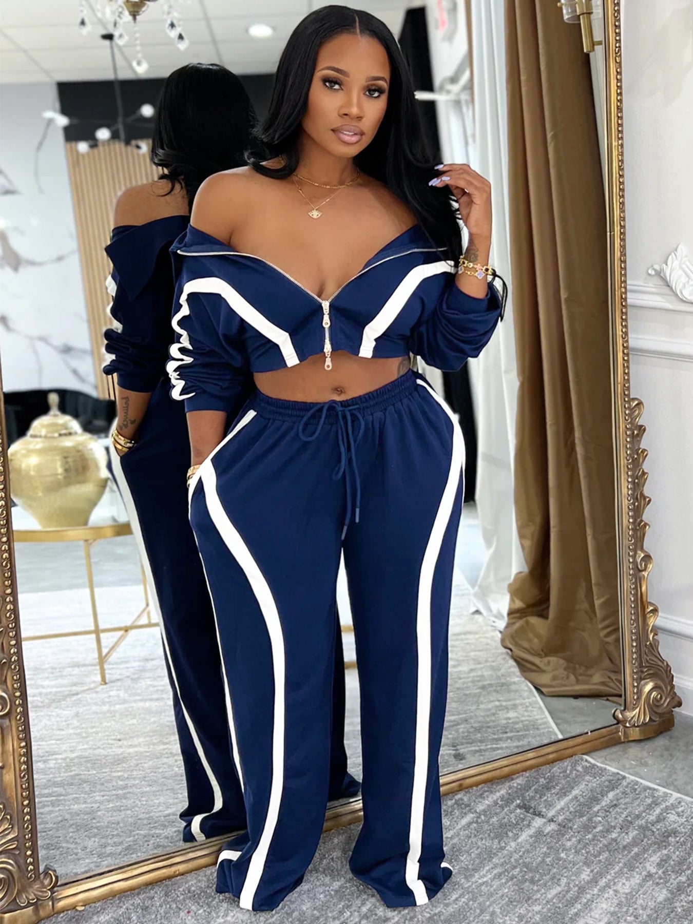 Fashion Women's Striped Patchwork Color Block Zipper Turndown Collar Top Wide Leg Pants Two-Piece Set 3