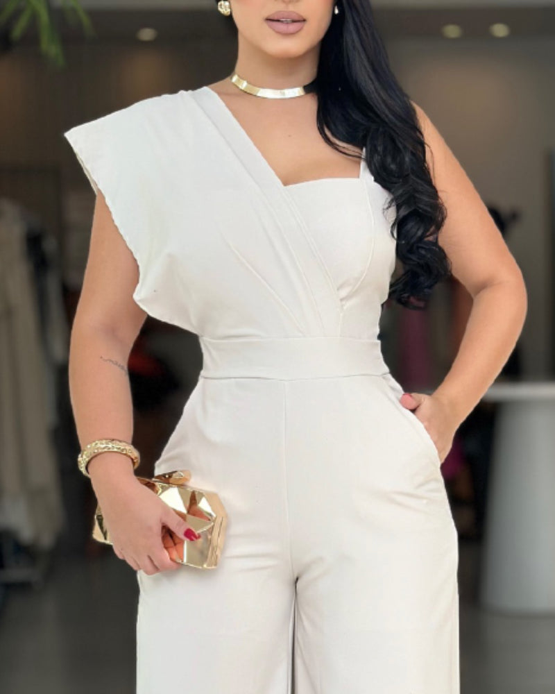 Women's solid color one shoulder casual jumpsuit 4