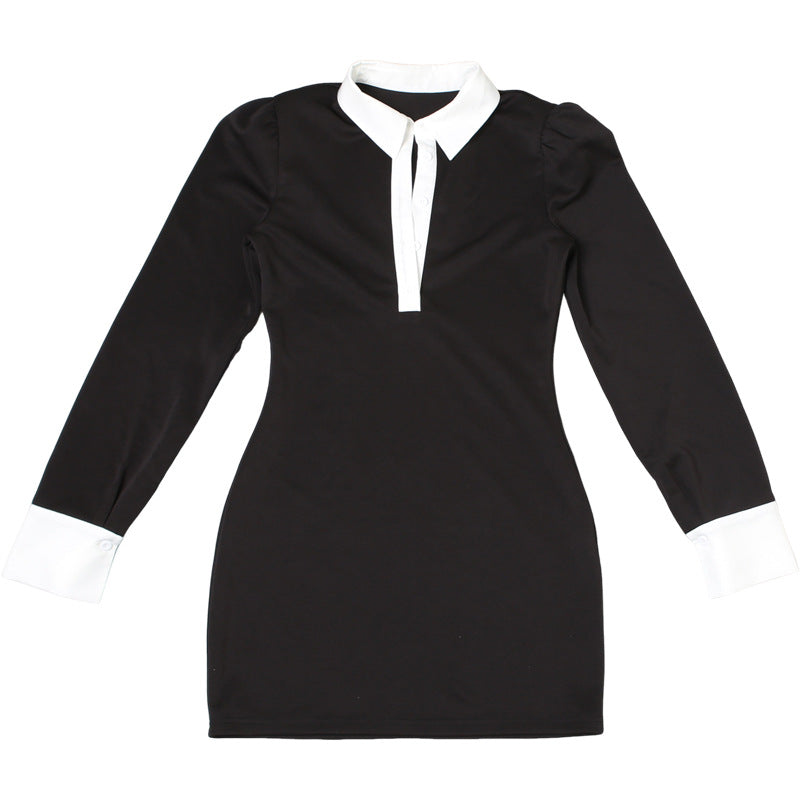 Women's Autumn Chic Color Block Slim Turndown Collar Button Shirt Dress 10