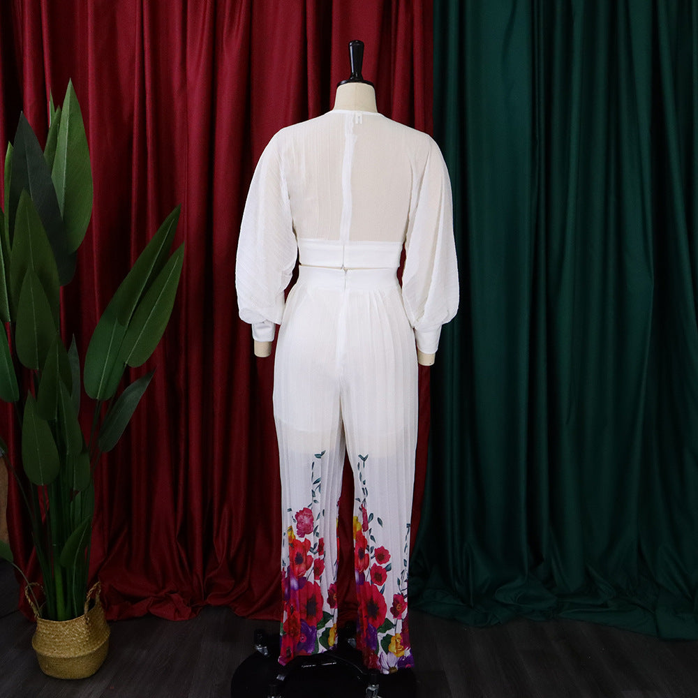 Fashion Suit Women's V-Neck Bat Sleeves Chiffon Top Pleated Wide Leg Pants Two Piece Set 14