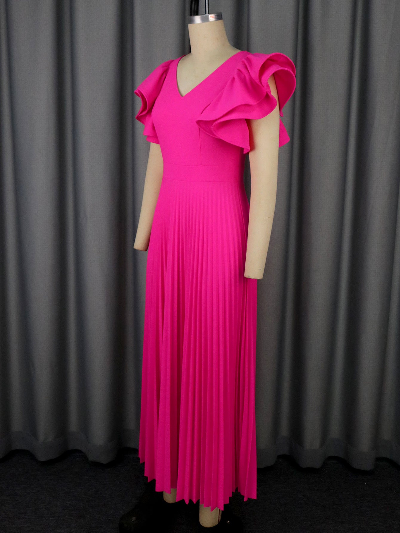 Women elegant Formal Party ruffle short sleeve V-neck pleated Dress 5