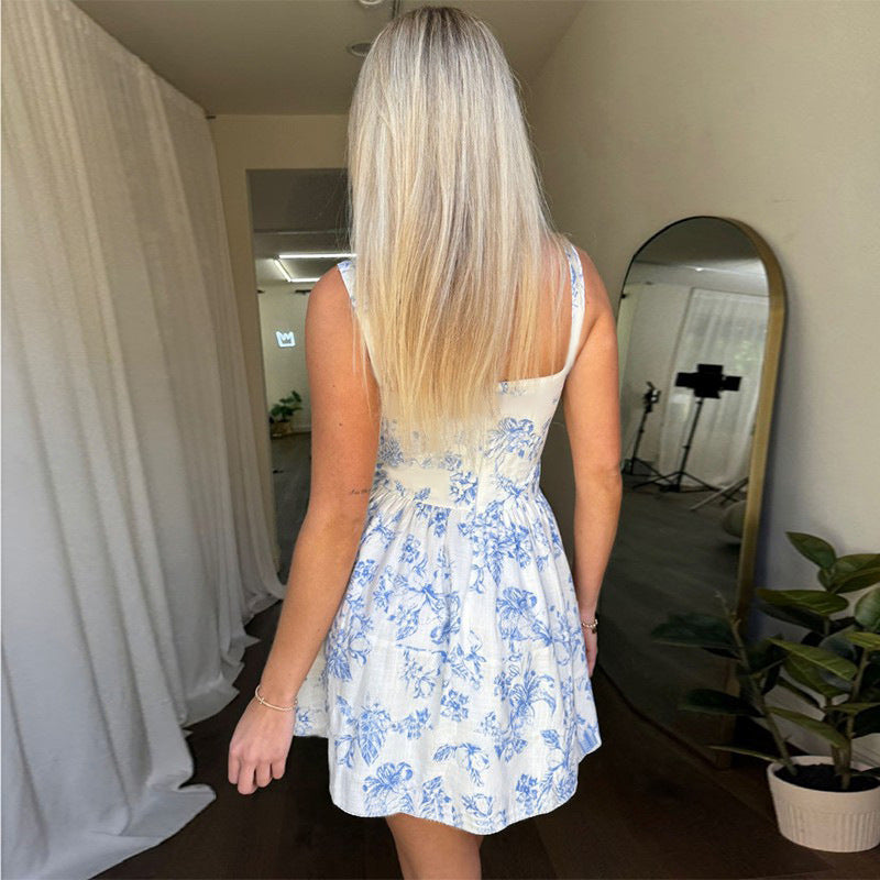 Strap Floral Square Neck A-Line Short Chic Dress for Summer