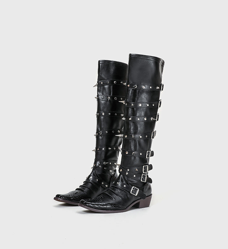 Punk Gothic Wide-Tube Leather Pointed Rivet Long Boots 10