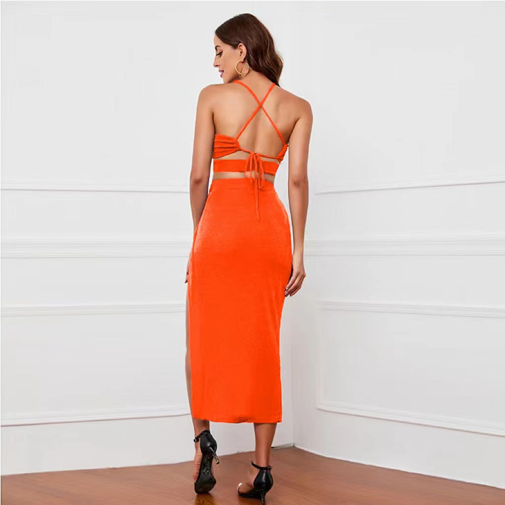 Women Lace-Up Backless Suspender Top and Slit Long Skirt two-piece set 21