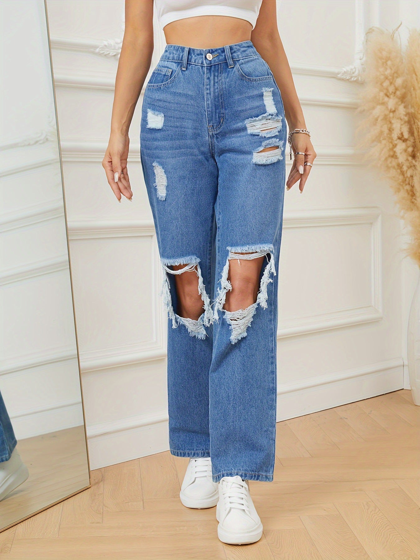 Women Vintage Ripped Straight Denim Pants 3