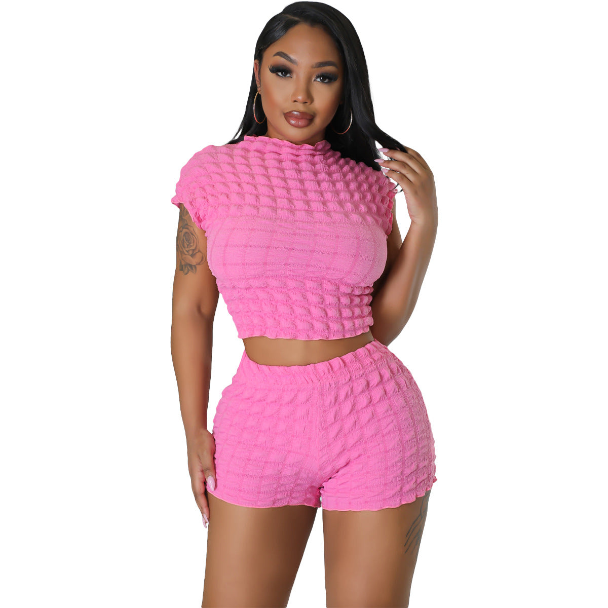 Women Casual Popcorn Sleeveless Top Short Two-Piece Set 9