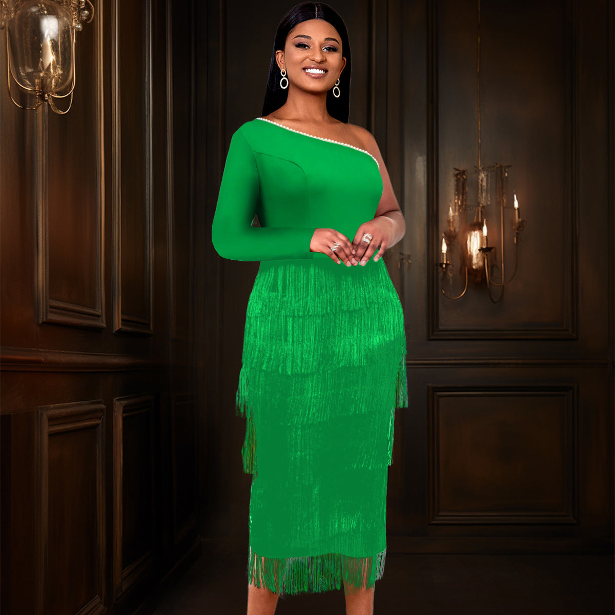 Sexy One-Shoulder Long-Sleeved High-Waist Slim Tassel Formal Party Evening Dress