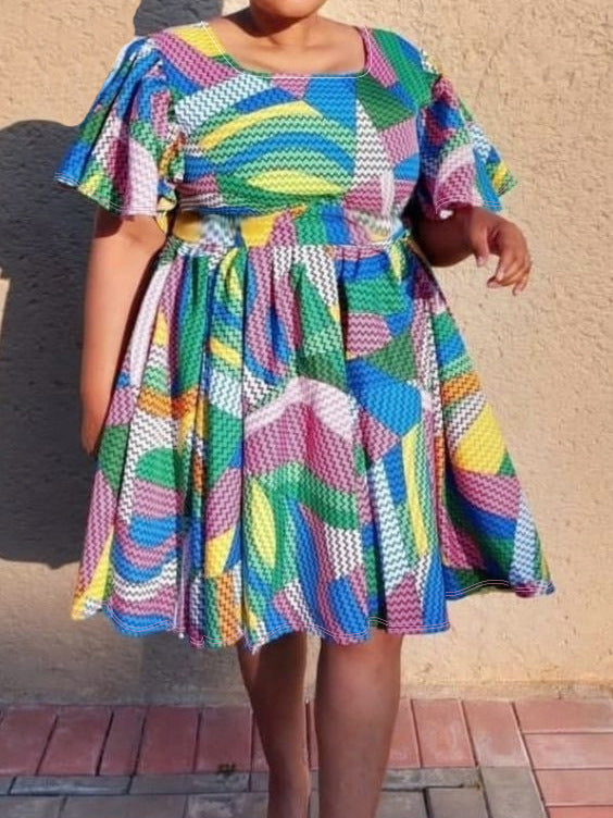 Fashionable Summer Multi-Color Square Neck Bat Sleeves Plus Size Dress