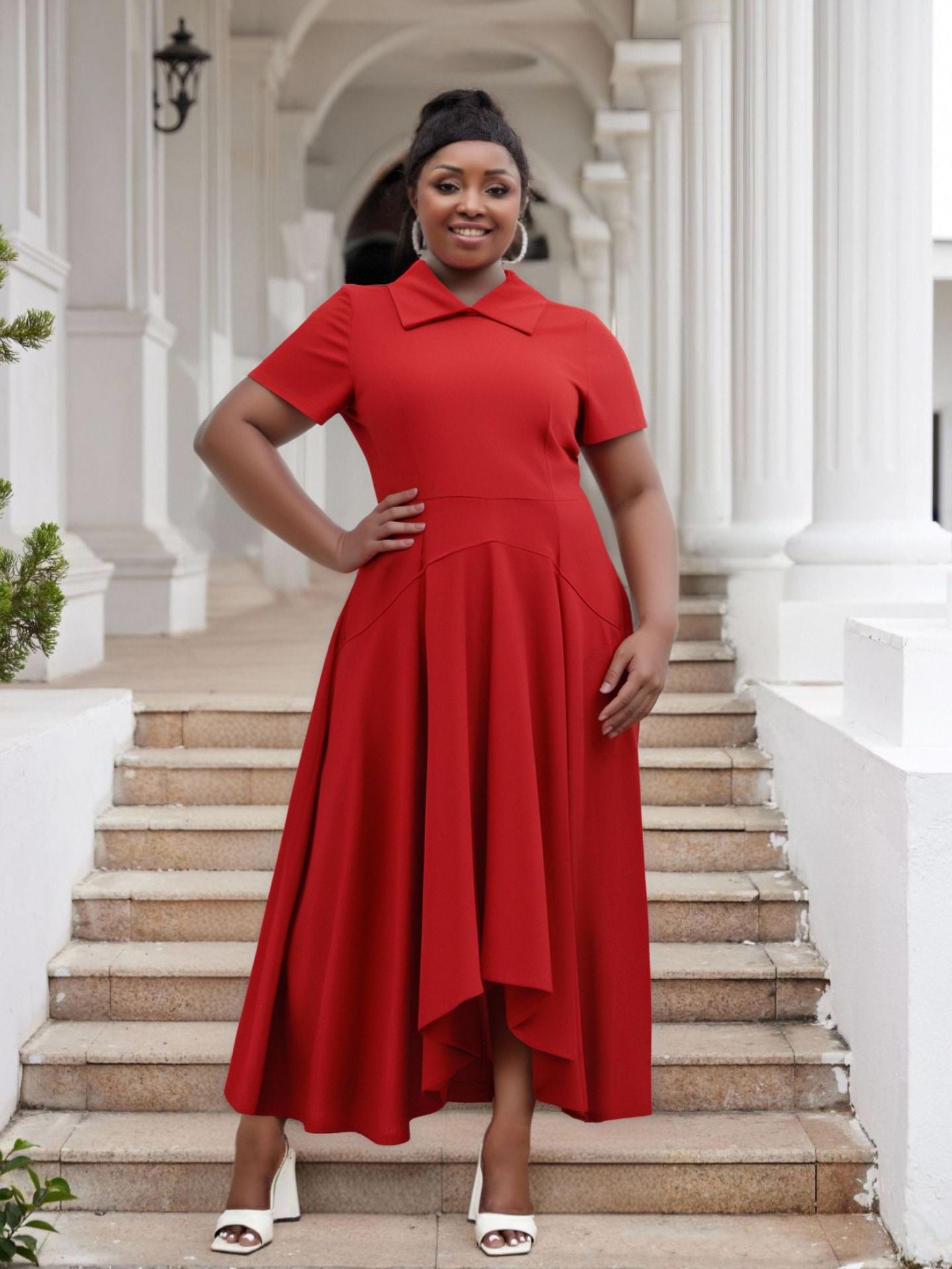 Plus Size Women Turndown Collar Irregular Elegant Dress 5