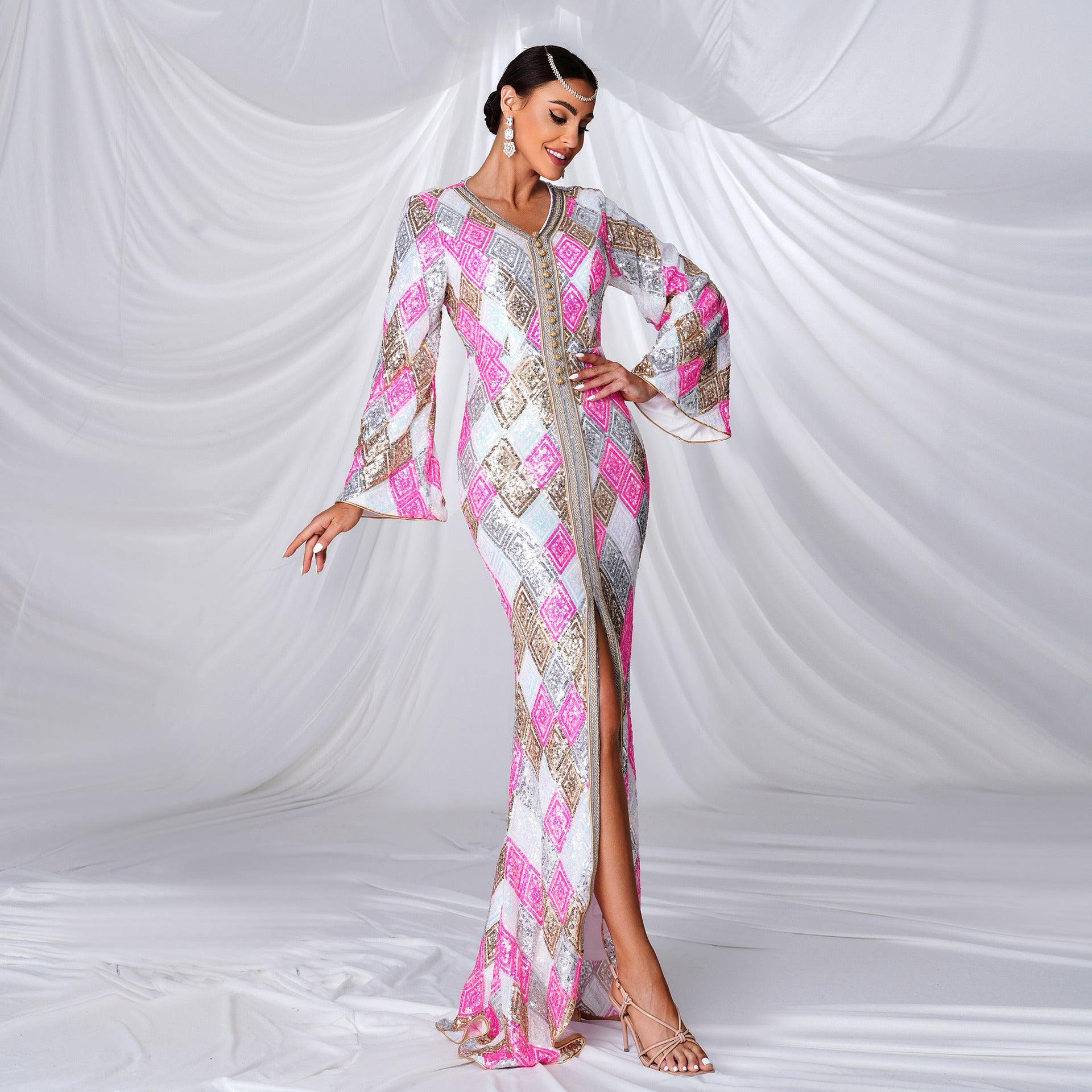 Saudi Arabian Clothing V-Neck Sequin Muslim Evening Dress Women's Clothing