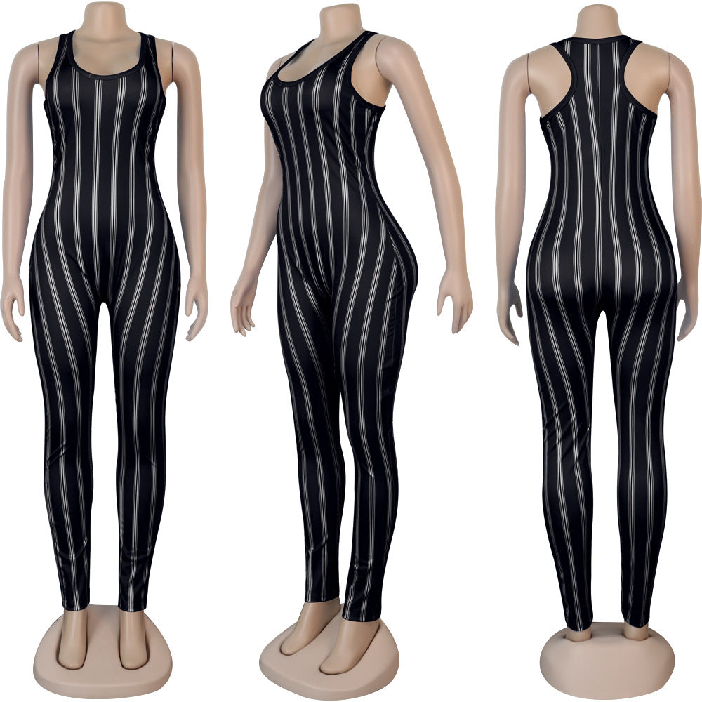 Women Sexy Sleeveless Striped Print Jumpsuit 14