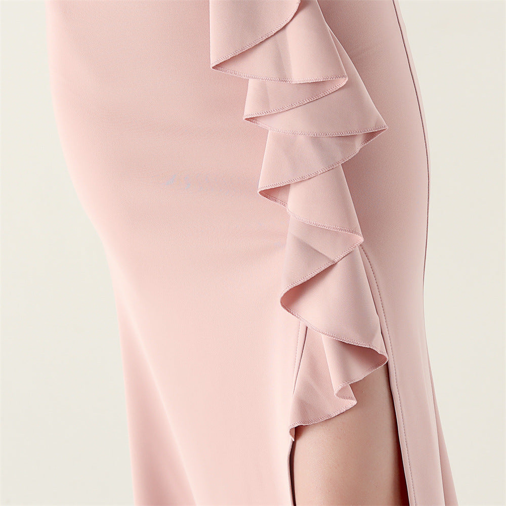 Women beaded tube V neck ruffle draped bead chain bead formal party evening dress 19