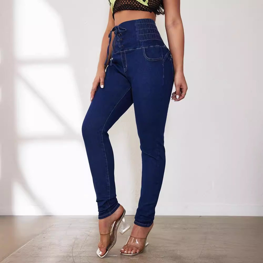 Spring Summer Sexy High Waist Lace-Up Denim Pants 5