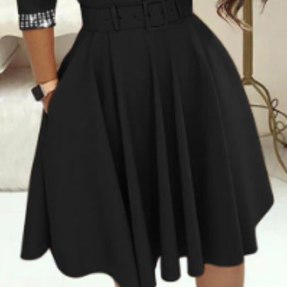 Women Elegant Beaded Long Sleeve Solid V-Neck Dress with Belt 4