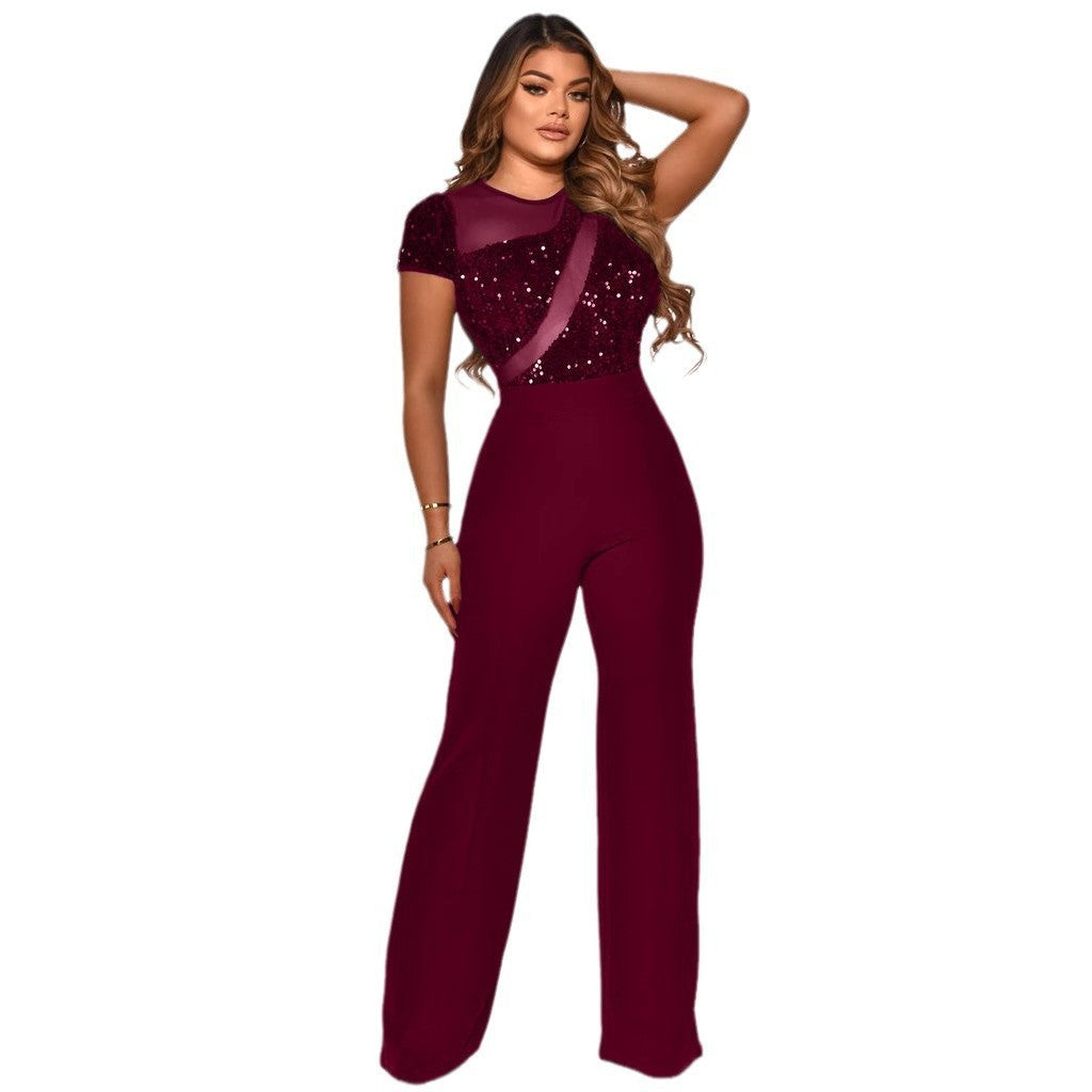 Women Irregular Sequin Patchwork Short Sleeve Jumpsuit 8