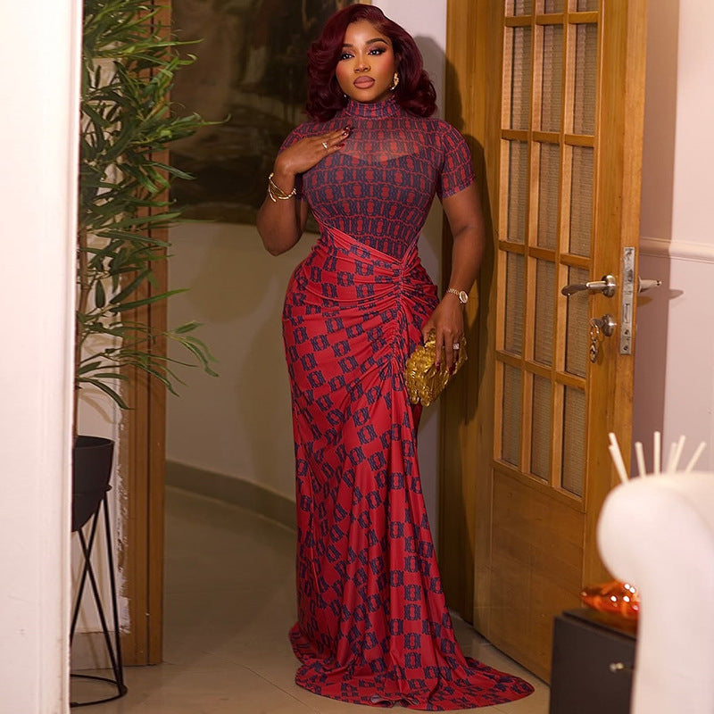 Slim Waist Women's See-Through Mesh Patchwork Pleated Printed High Neck Long Dress 3