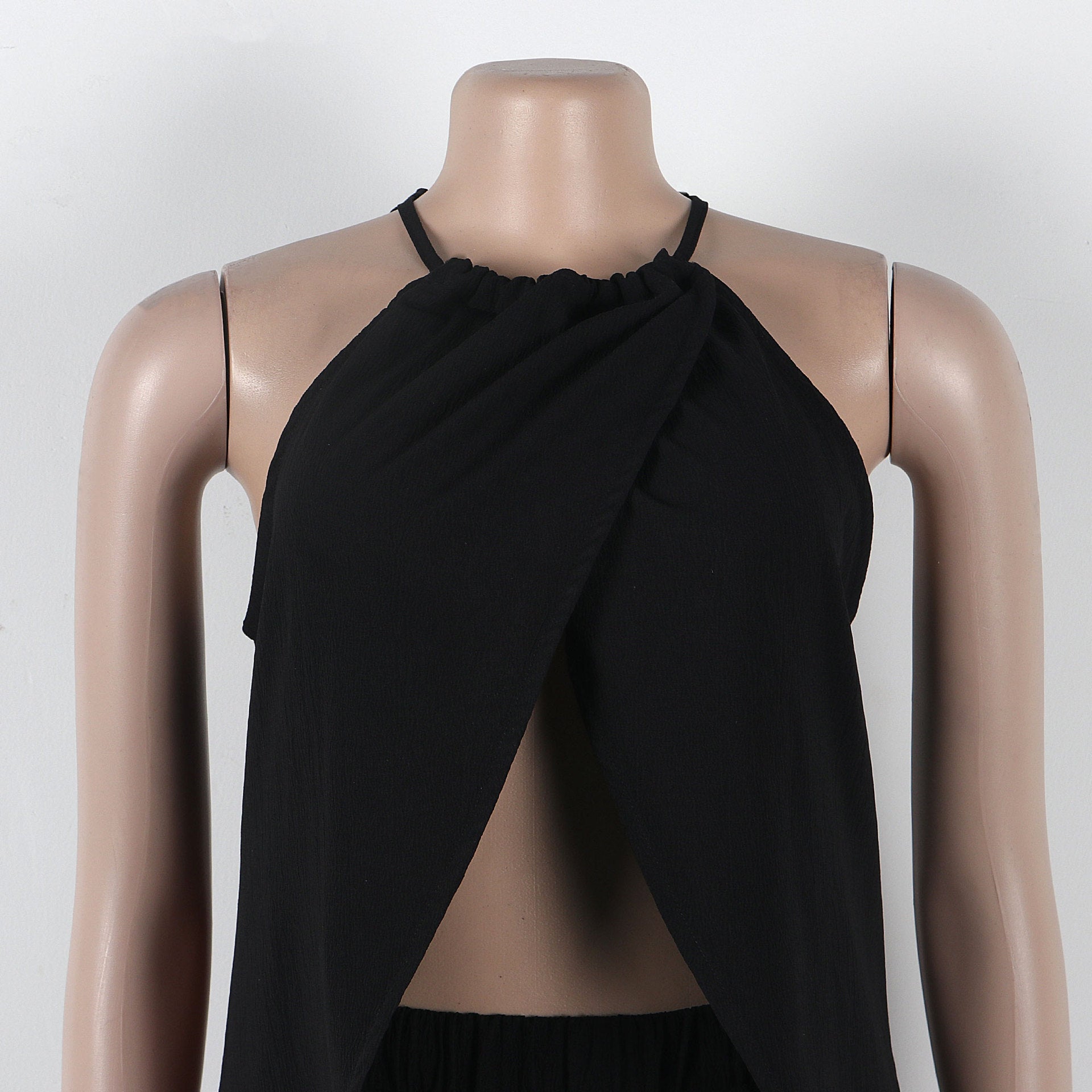 Women sexy solid slit halter neck lace-up sleeveless top and shorts two-piece set 48