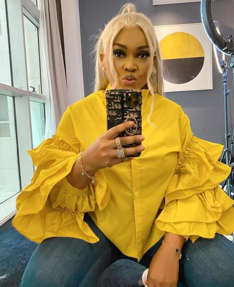 Women multi-layered ruffled Bell Bottom loose-sleeved Stand Collar shirt 4