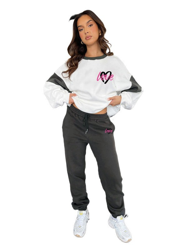 Women Heart Print Color Block Top and Casual Pants Set 9