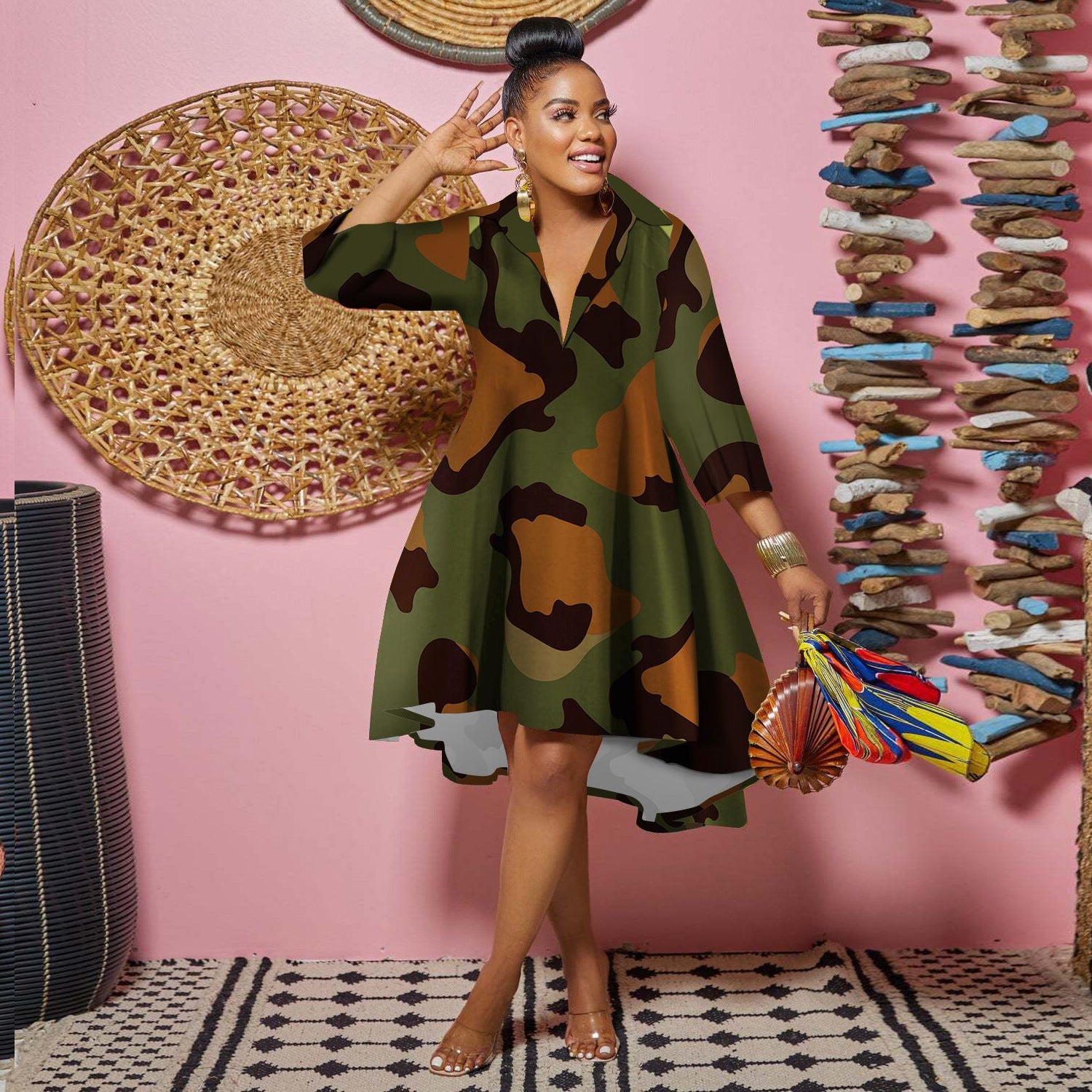 Women Casual Printed Deep v Turndown Collar Dress 8