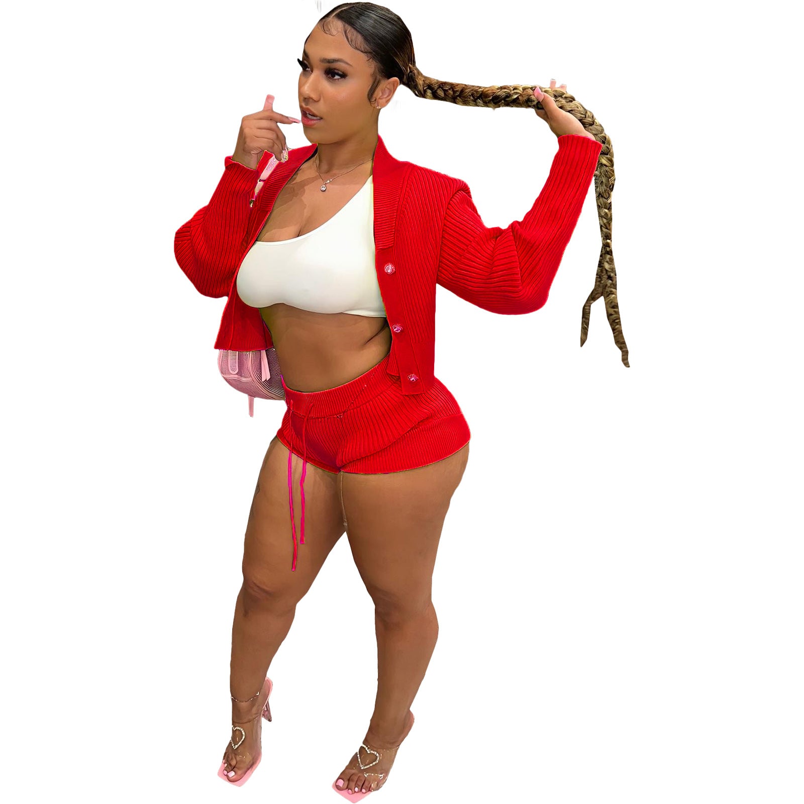 Women knitting Turndown Collar long-sleeved Top and shorts Casual two-piece set 7