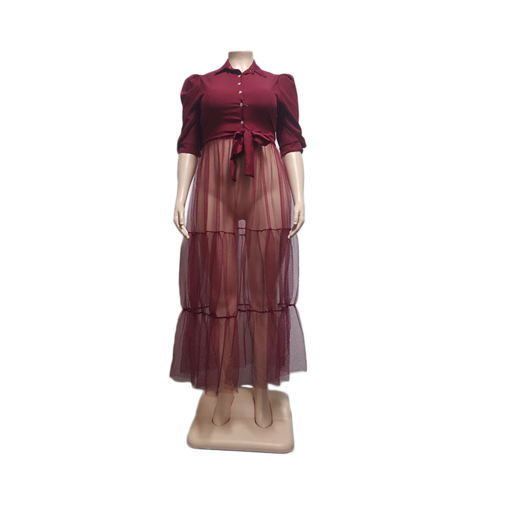 See-Through Mesh Cake Dress Plus Size Belted Breathable Short Sleeve Dress 11
