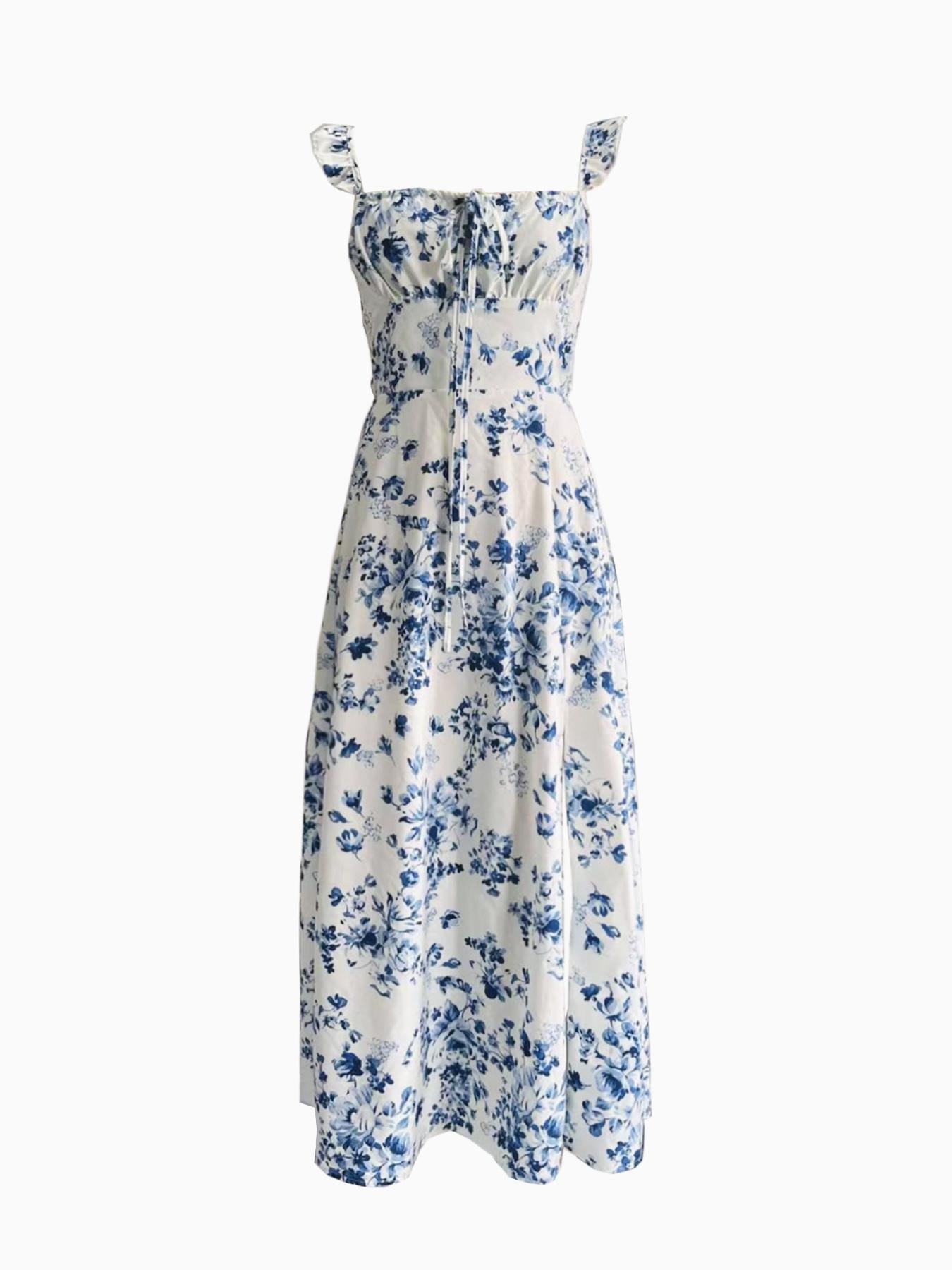 Women Summer Floral Print Square Neck Slit Lace Sexy Dress 6