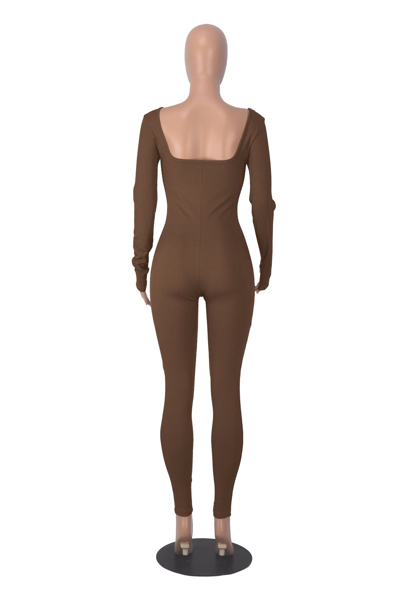Women's Solid Color Long Sleeve Ribbed Square Neck Low Back Slim Fit Jumpsuit 23