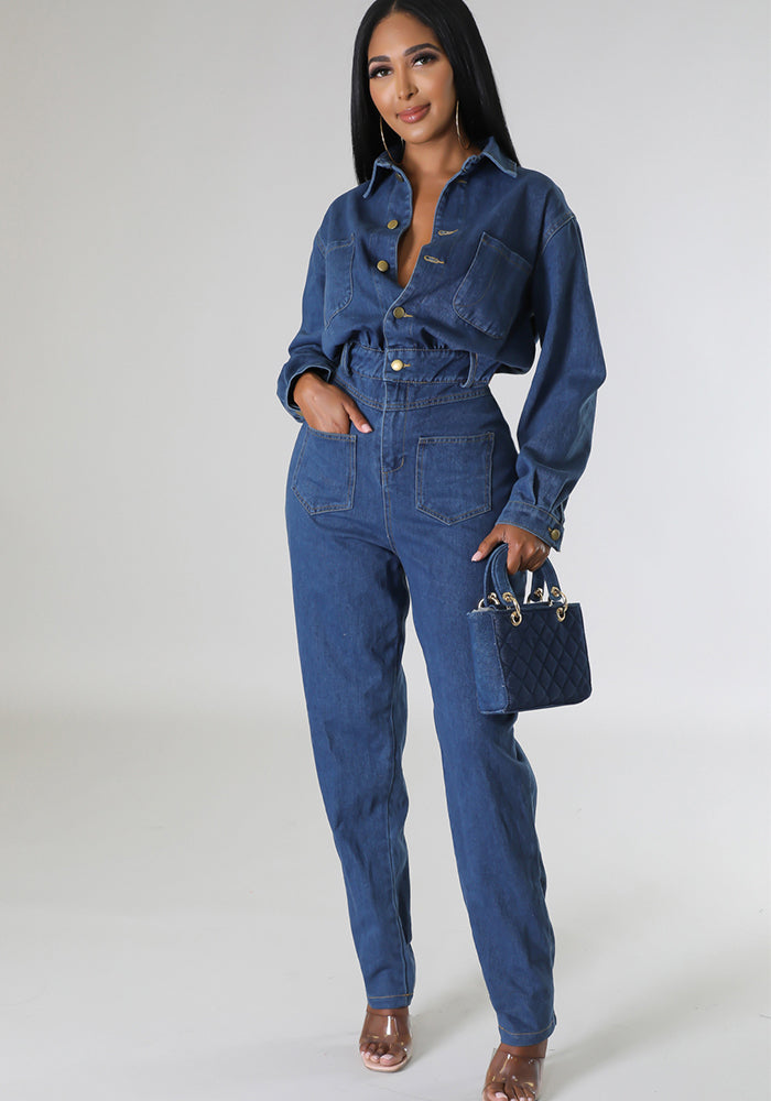 Women's Slim-Fitting Stretch  Washed Denim Pocket Jumpsuit