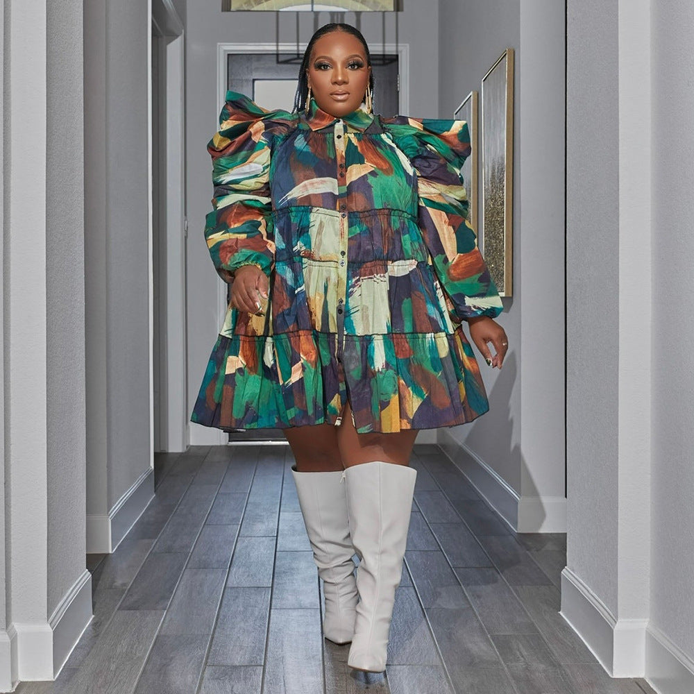 Plus Size Women's Fashion Print Ruffle Button Shirt Dress